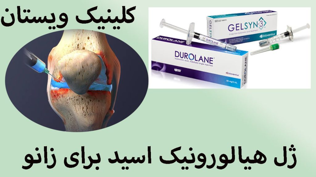 یک بسته از ژل هیالورونیک اسید و یک تصویر از تزریق به زانو