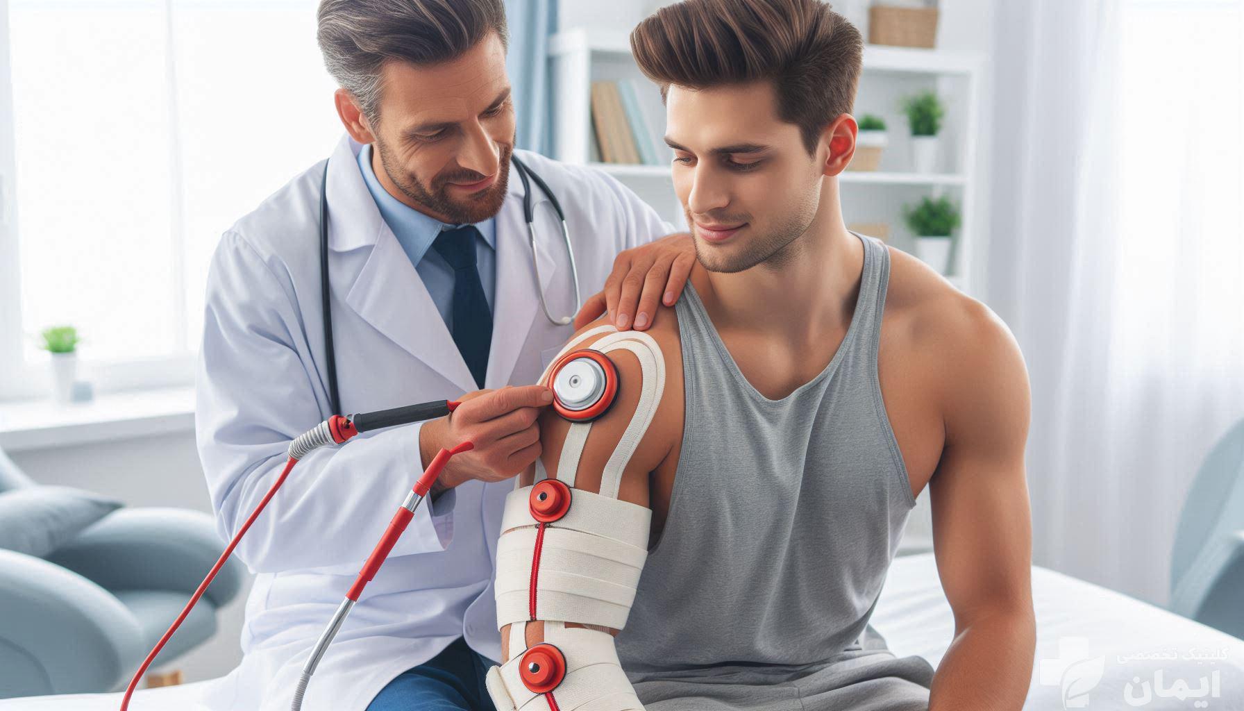 پزشک در حال تزریق پی ار پی شانه بیمار است