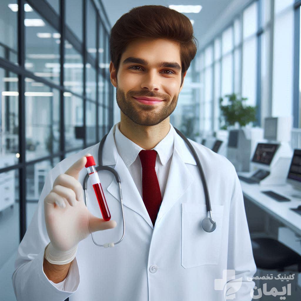 کلینیک تخصصی ایمان بهترین مرکز پی آر پی در تهران پزشک متخصص در حال نشان دادن نمونه خون بیمار