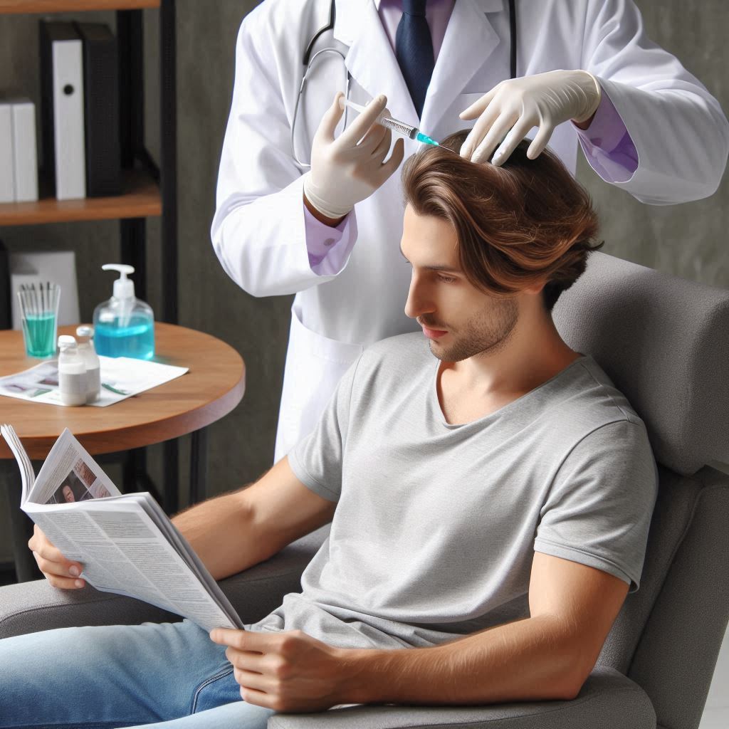 انجام پی آر پی برای سلامت مو پزشک برای موی بیمار پی آر پی تزریق می کند