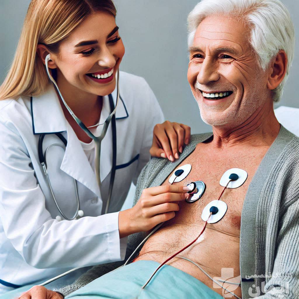 انجام نوار قلب برای بیمار، توسط پزشک پزشک از بیمار نوار قلب می گیرد