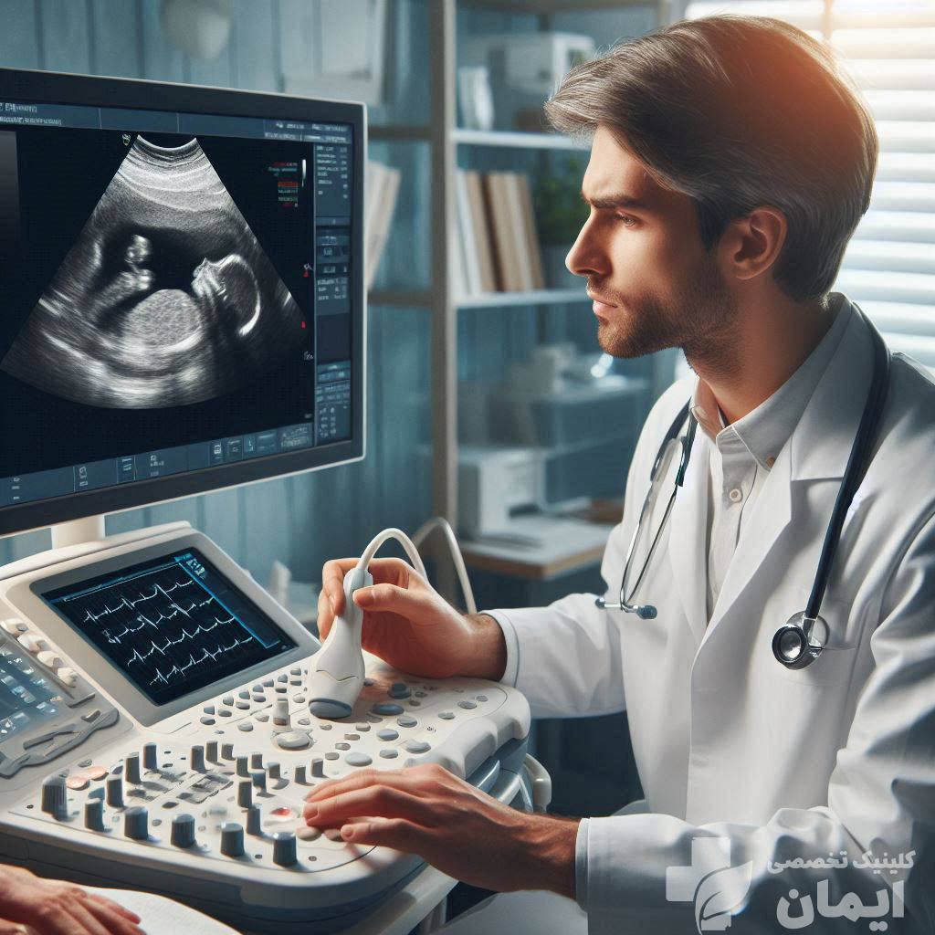 نمایی از دستگاه های پیشرفته برای اکو پزشک در حال انجام اکو قلب و تصویری از دیواره های قلب