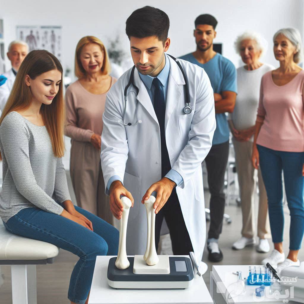 آموزش تست تراکم استخوان توسط پزشک پزشک در حال توضیح آزمایش تراکم استخوان برای تعدادی از افراد