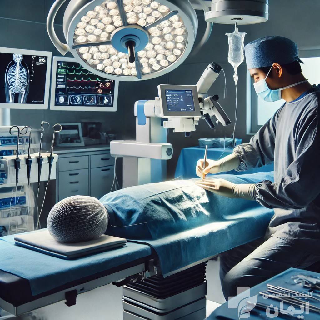 انجام عمل بسته دیسک کمر در اتاق عمل پزشک در اتاق عمل برای بیمار عمل بسته دیسک کمر انجام می دهد