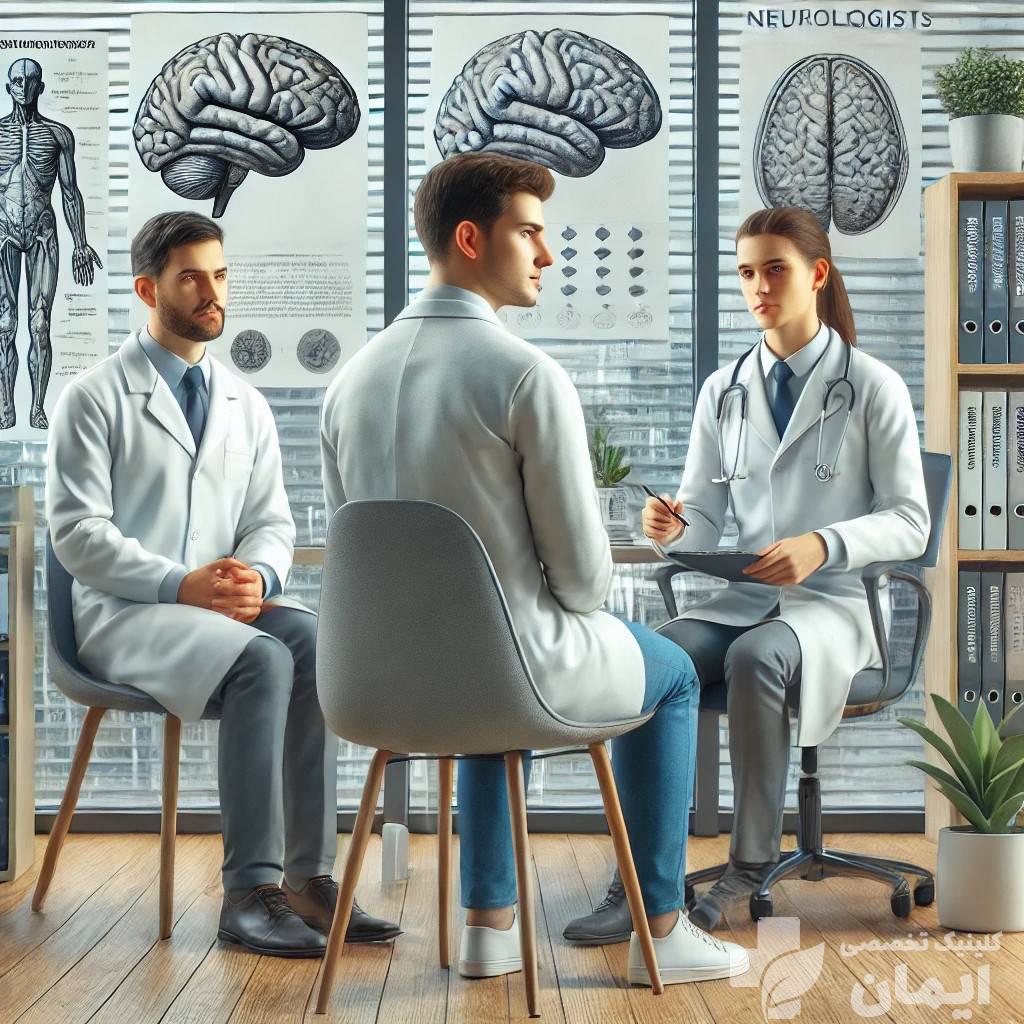 دکتران متخصص اعصاب و روان سه دکتر روانپزشک روی صندلی نشسته اند.