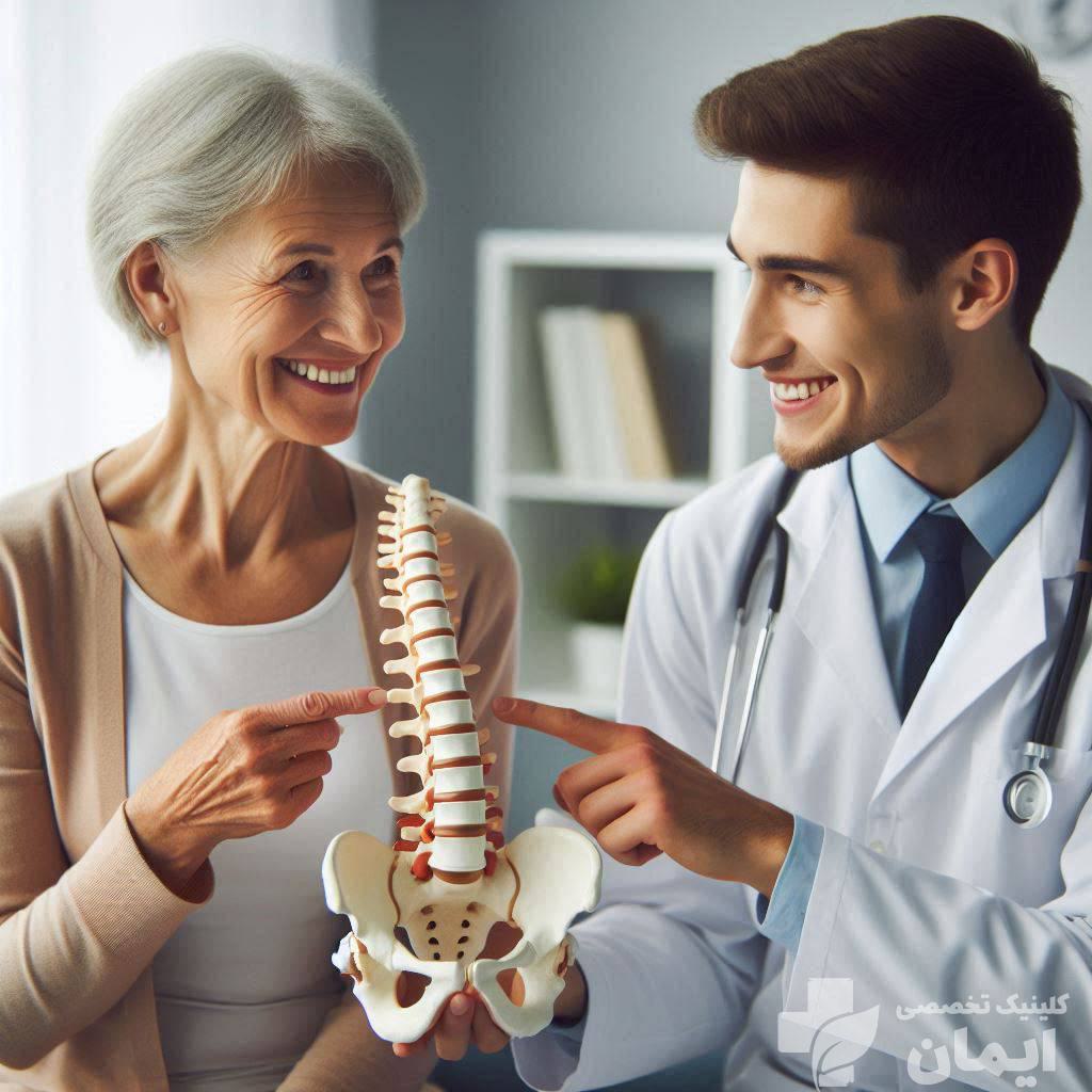 تشریح گودی کمر توسط پزشک پزشک و بیمار در حال صحبت در مورد گودی کمر