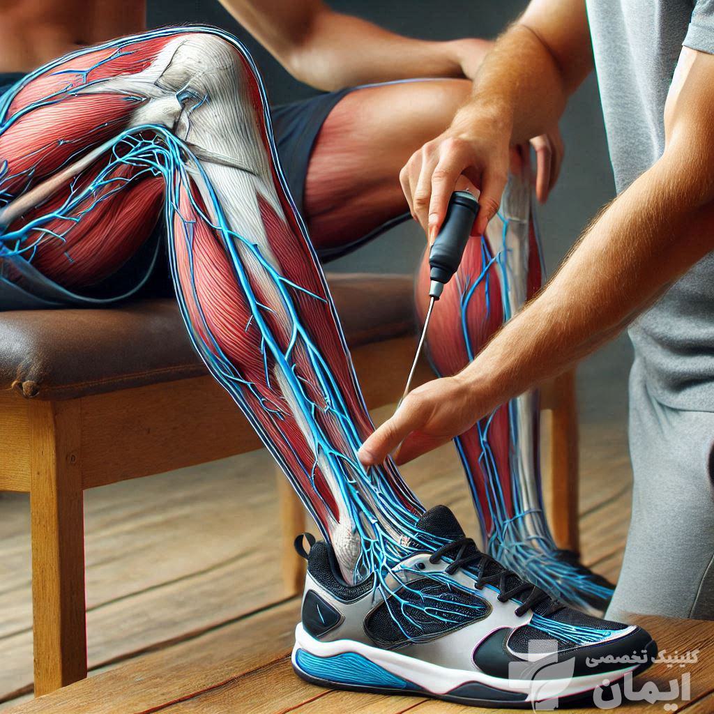 فردی که برای تشخیص بیماری تست نوار عصب عضله پا انجام می دهد فردی که برای تشخیص بیماری تست نوار عصب عضله پا انجام می دهد