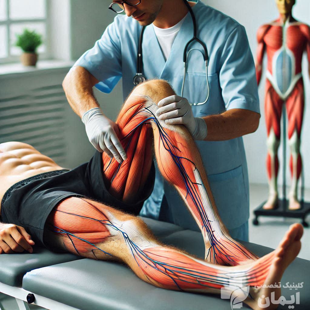 پزشک متخصص در حال انجام نوار عصب و عضله پا می باشد پزشک متخصص در حال انجام نوار عصب و عضله پا می باشد