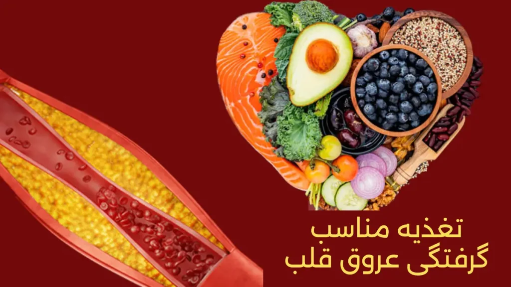 غذای خوب برای قلب تصویری از عروق گرفته قلب به همراه خوراکی های مفید برای گرفتکی قلب مانند اووکادو تمشک ماهی ساملون و... که به شکل قلب هستند