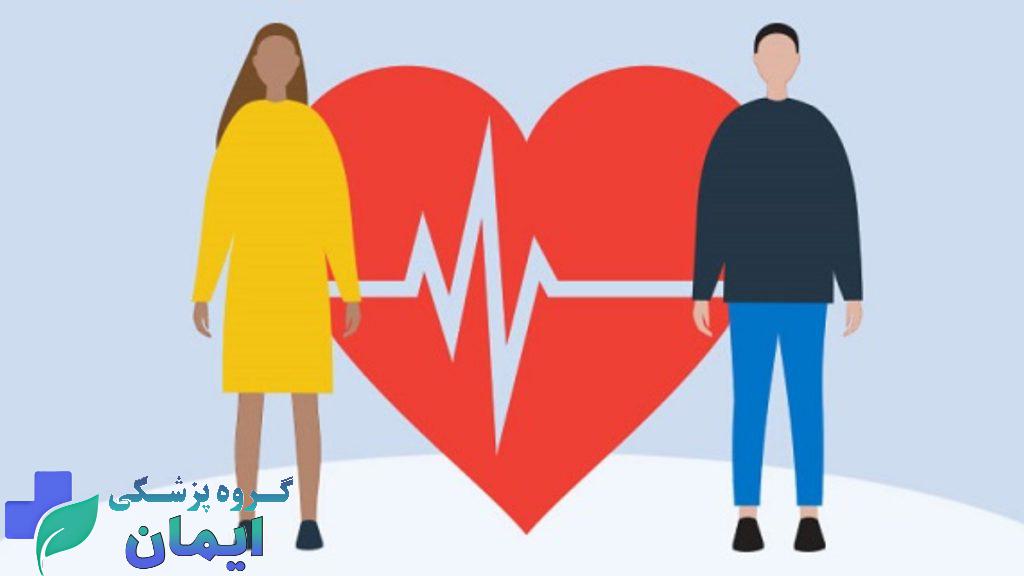 گرفتگی رگ زنان و مردان تصویری از زن و مرد با تصویر یک قلب وسط آن ها با ضربان قلب